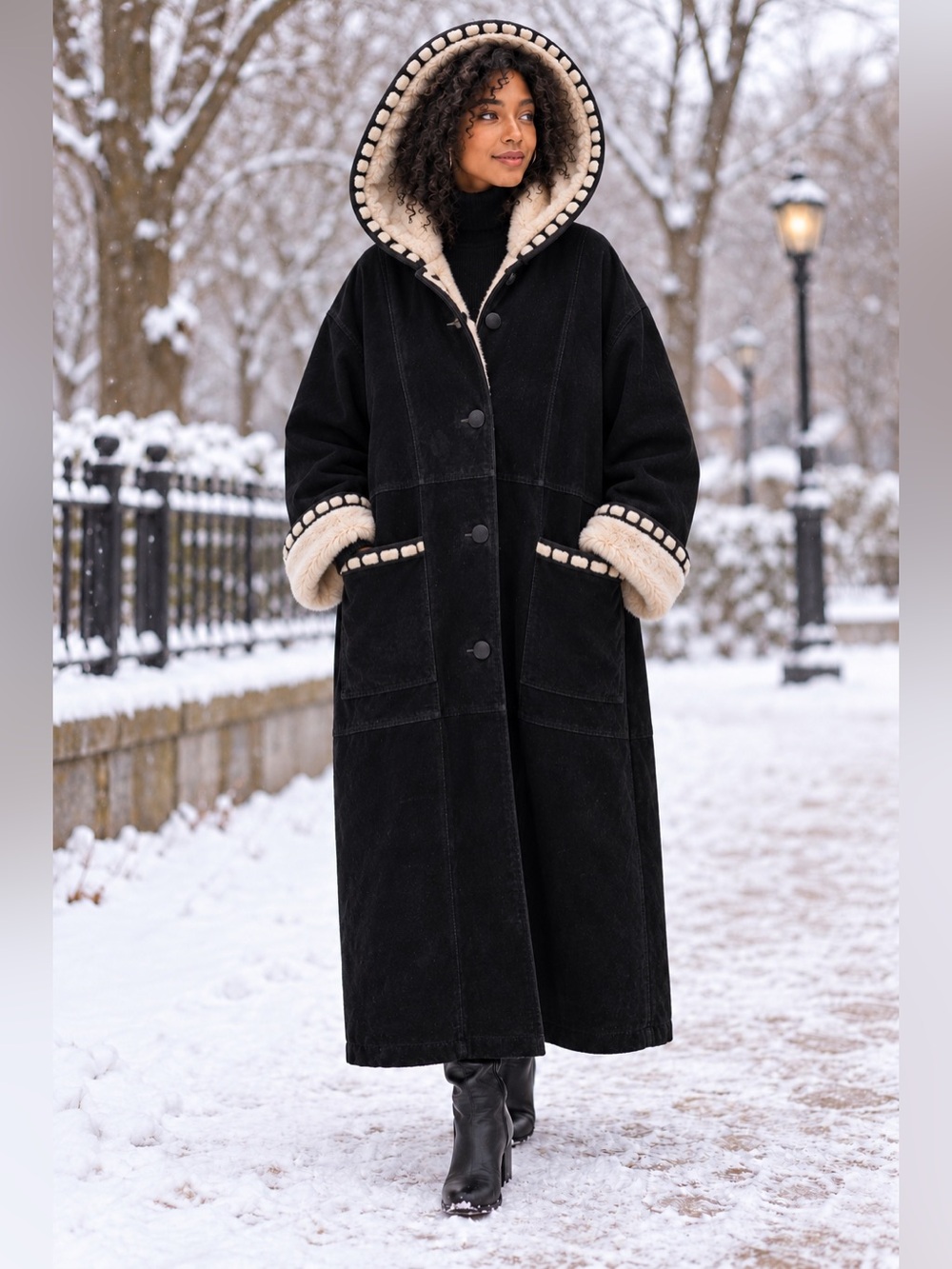 SIN Morgan Cooper Genuine Leather Hooded Coat Faux Fur Vintage Penny Lane Y2K L